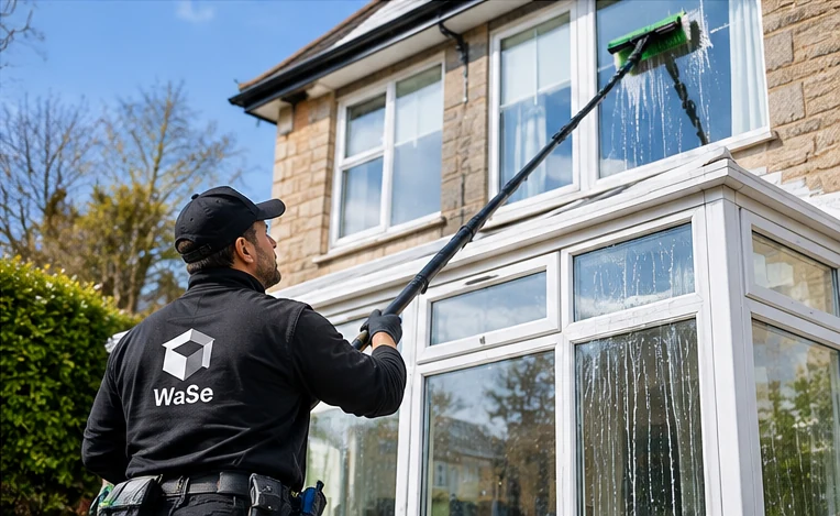 High-reach water-fed pole window cleaning from ground level in Glasgow